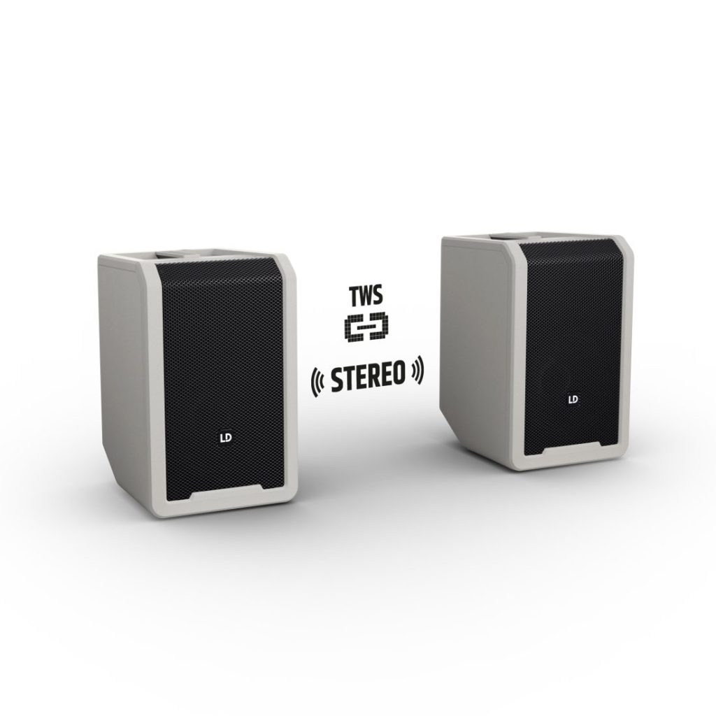 LD MAUI 5 GO TWS True Wireless Stereo pairing two portable PA speakers in white